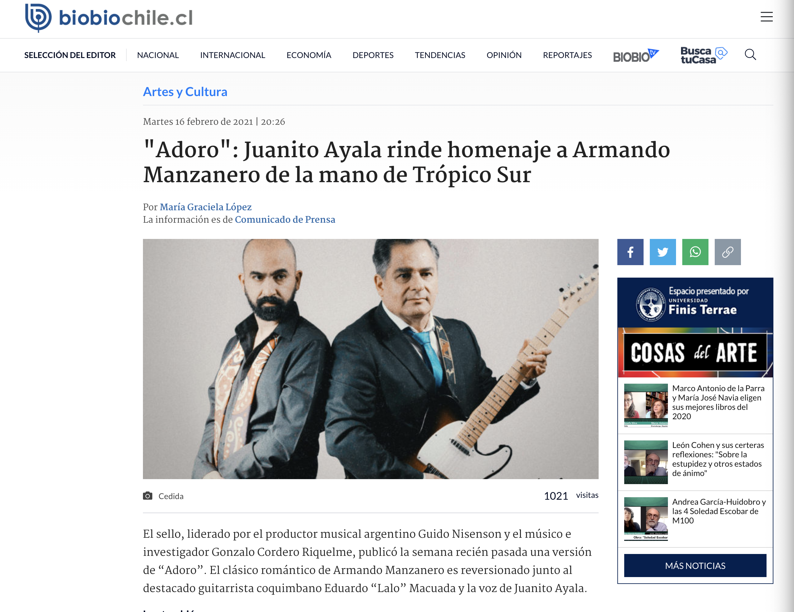 "Adoro": Juanito Ayala rinde homenaje a Armando Manzanero de la mano de Trópico Sur